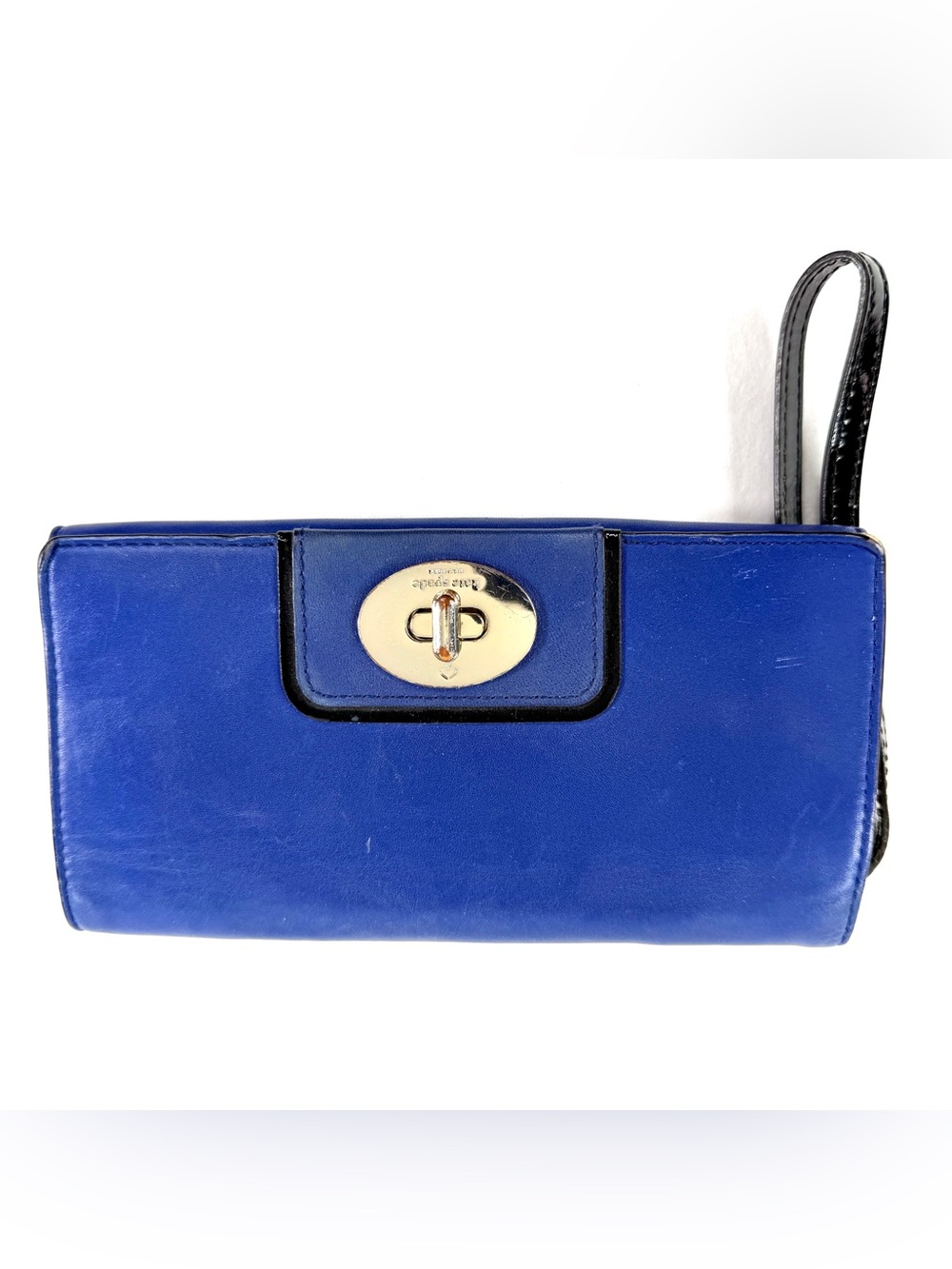 Kate Spade Blue Leather Long Bi Fold Wallet Brass Logo Turn Lock Wristlet Strap
